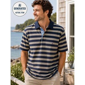 Tommy Hilfiger Striped Polo Shirt Mens L Navy Blue Khaki Y2K Preppy Skate Top